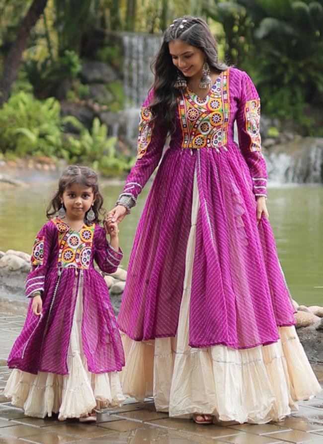 Georgette Purple Navratri Wear Leheriya Print Readymade Combo Set For Mom And Daughter